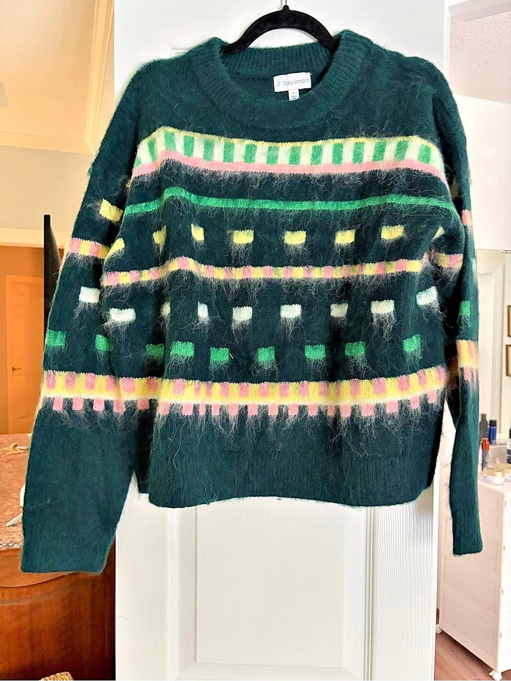 Stacy London Geometric Knit Sweater Green & Pink Medium